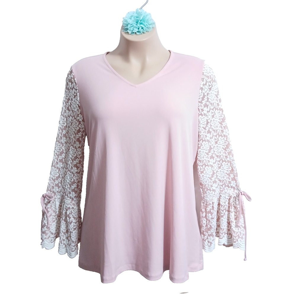 Susan Graver Bell Sleeve Women Top XL Baby Pink Lace Romantic Dainty Hippie QVC